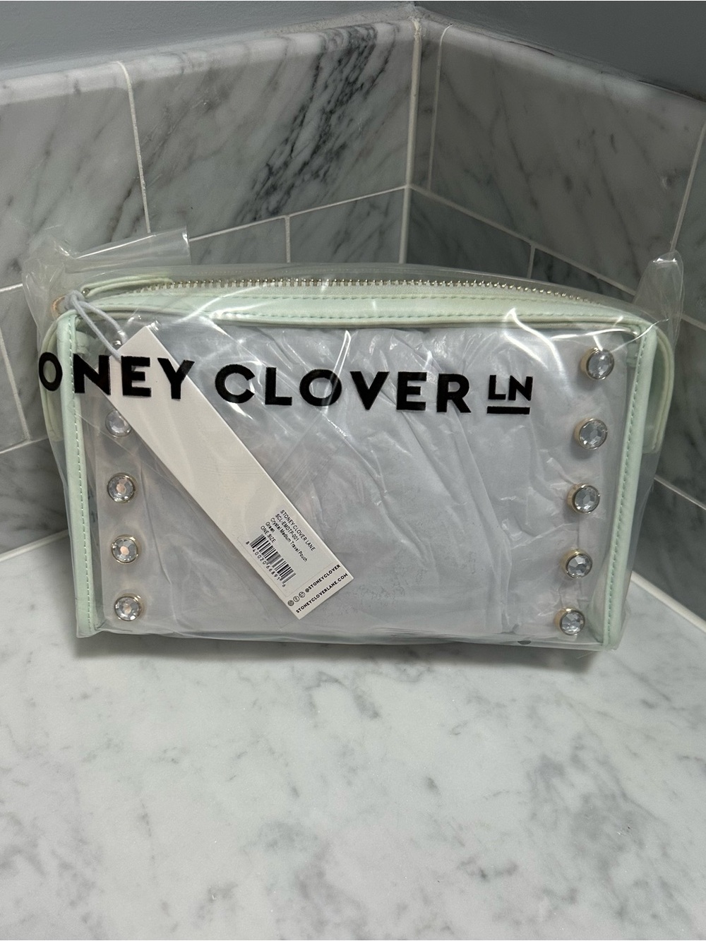 Stoney Clover Lane Clear Cosmetic Bag with Mint Trim and Crystal Studs